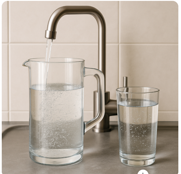 Eau claire versée depuis un robinet dans une carafe en verre posée sur un plan de travail, filtre eau