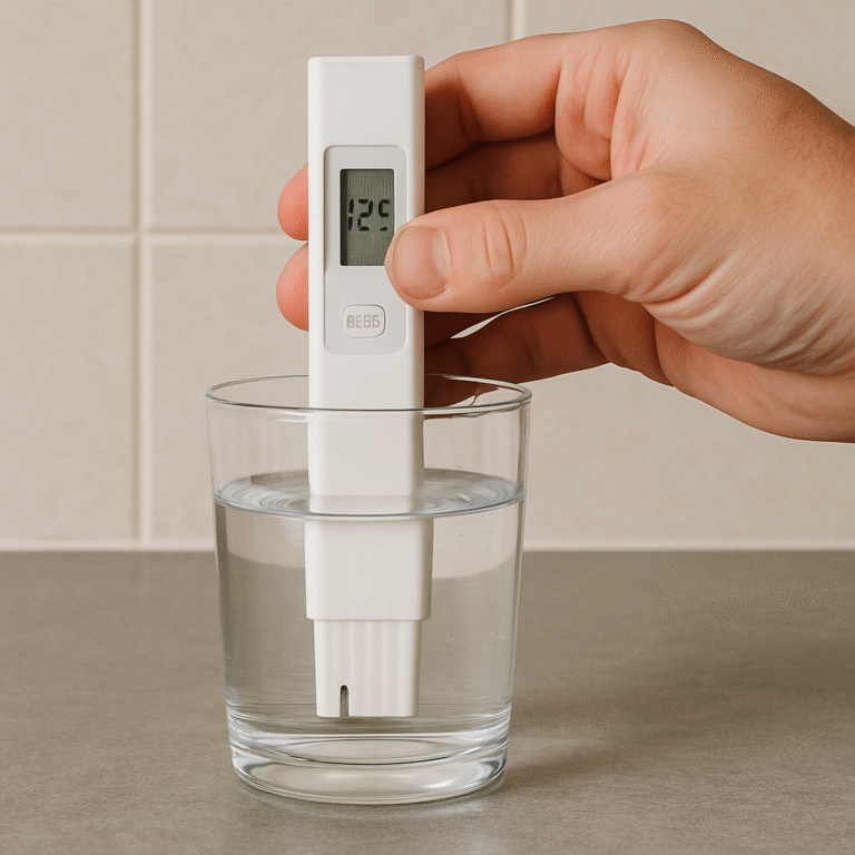 Main tenant un testeur TDS numérique plongé dans un verre d’eau claire