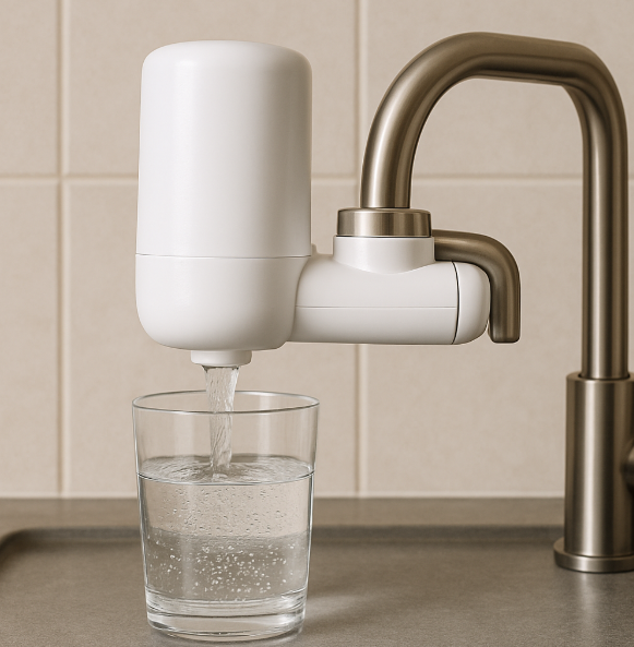 Filtre blanc fixé à un robinet de cuisine avec un verre rempli d’eau en dessous